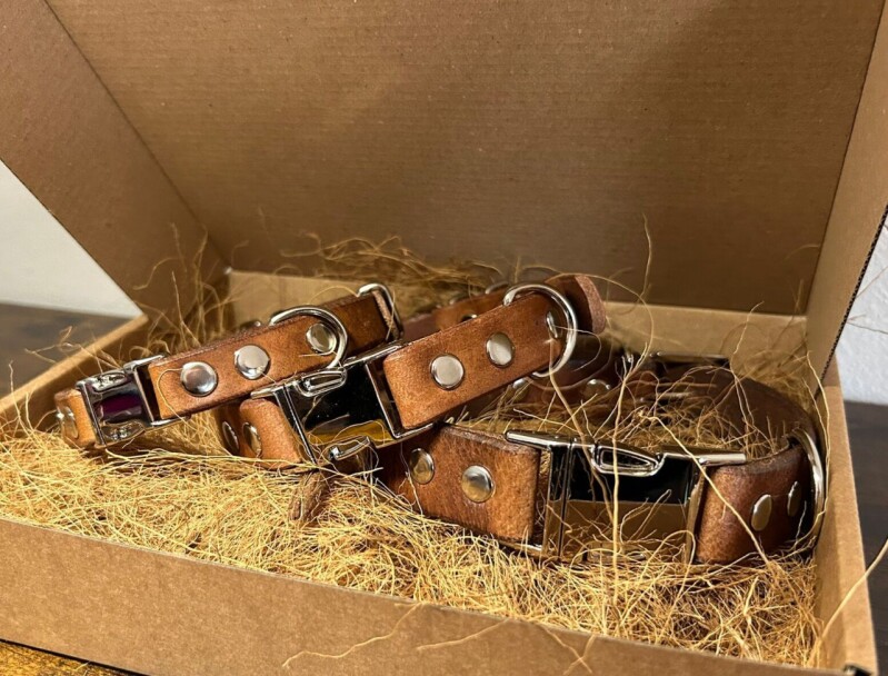 Kožený, nastavitelný obojek s trojzubcem hnědý